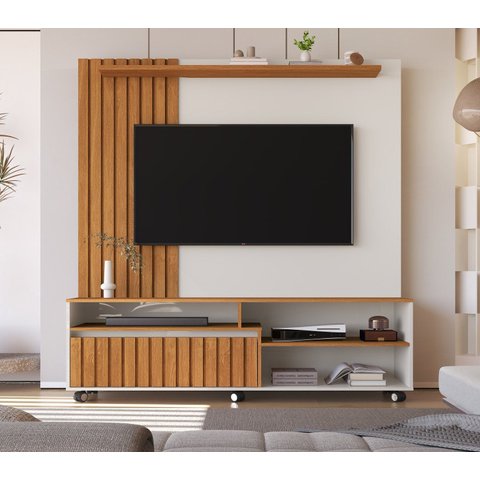 Estante Home Theater Ripado para TV até 65 Polegadas MDF 160x188cm Rodízios Havana
