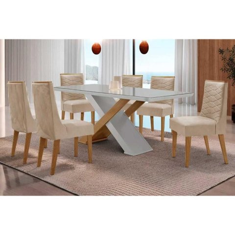 Conjunto: Mesa Sala Jantar Imperatriz Tampo c/ Vidro Curvo 180cm+6 Cadeiras Maldivas Madeira