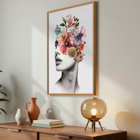 Quadro Decorativo Coleção Florais - Mulher Floral Cor:moldura Freijo;título:40x60 com Vidro Acrílico
