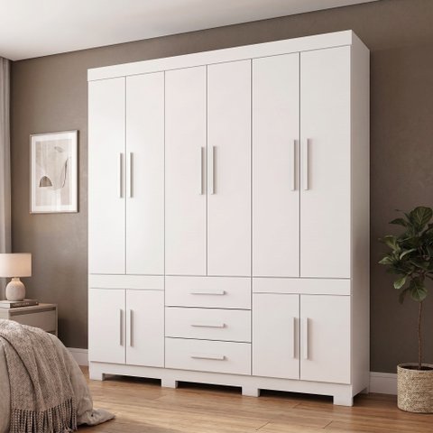 Guarda-Roupa Casal 10 Portas, 3 Gavetas e Pés MDF Safira Plus Branco