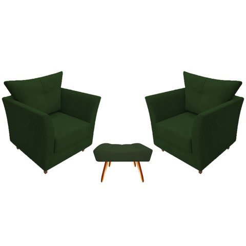 Kit 2 Poltronas Decorativa Isis + Puff Retangular Suede Verde Pés Madeira Mz Decor