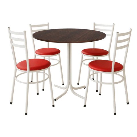 Mesa de Jantar Redonda 80cm Imbuia com 4 Cadeiras Estofada Branca
