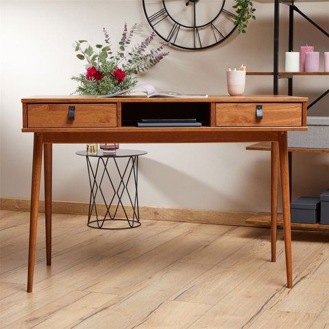 Mesa Escrivaninha Madeira 2 Gavetas 1 Nicho Kim Castanho Verniz Idimex