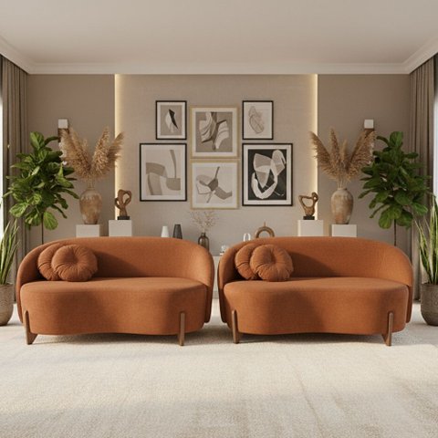 Kit 02 Sofás Orgânicos 2 Lugares C/2 Almofadas Curvo Sala Recepção Amsterdã Boucle Terracota - Monta