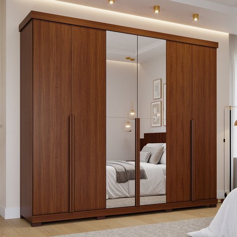 Guarda-Roupa Casal 6 Portas com Pés e Espelhos 267cm 100% MDF Linhares Espresso Móveis Marrom/Jequitiba