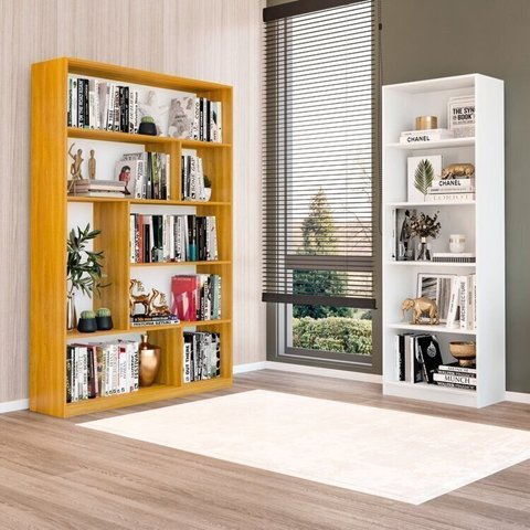 Conjunto com Estante Multiuso 5 Nichos Montreal e Estante para Livros 4 Prateleiras Seattle Branco/Freijó