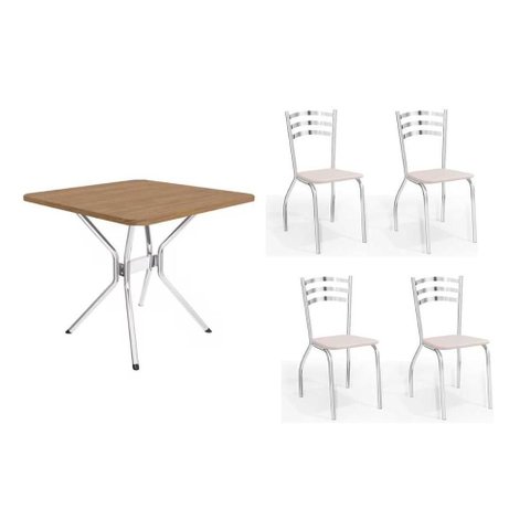 Conjunto: Mesa Sala Jantar Loire C/ Tampo de Madeira 90cm + 4 Cadeiras Portugal Cromada/branco 106