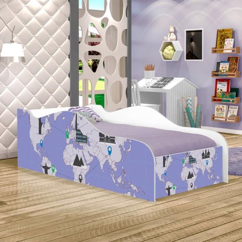 Cama Infantil com Colchão Mapa de Viagens 100% Mdf para Quarto Infantil