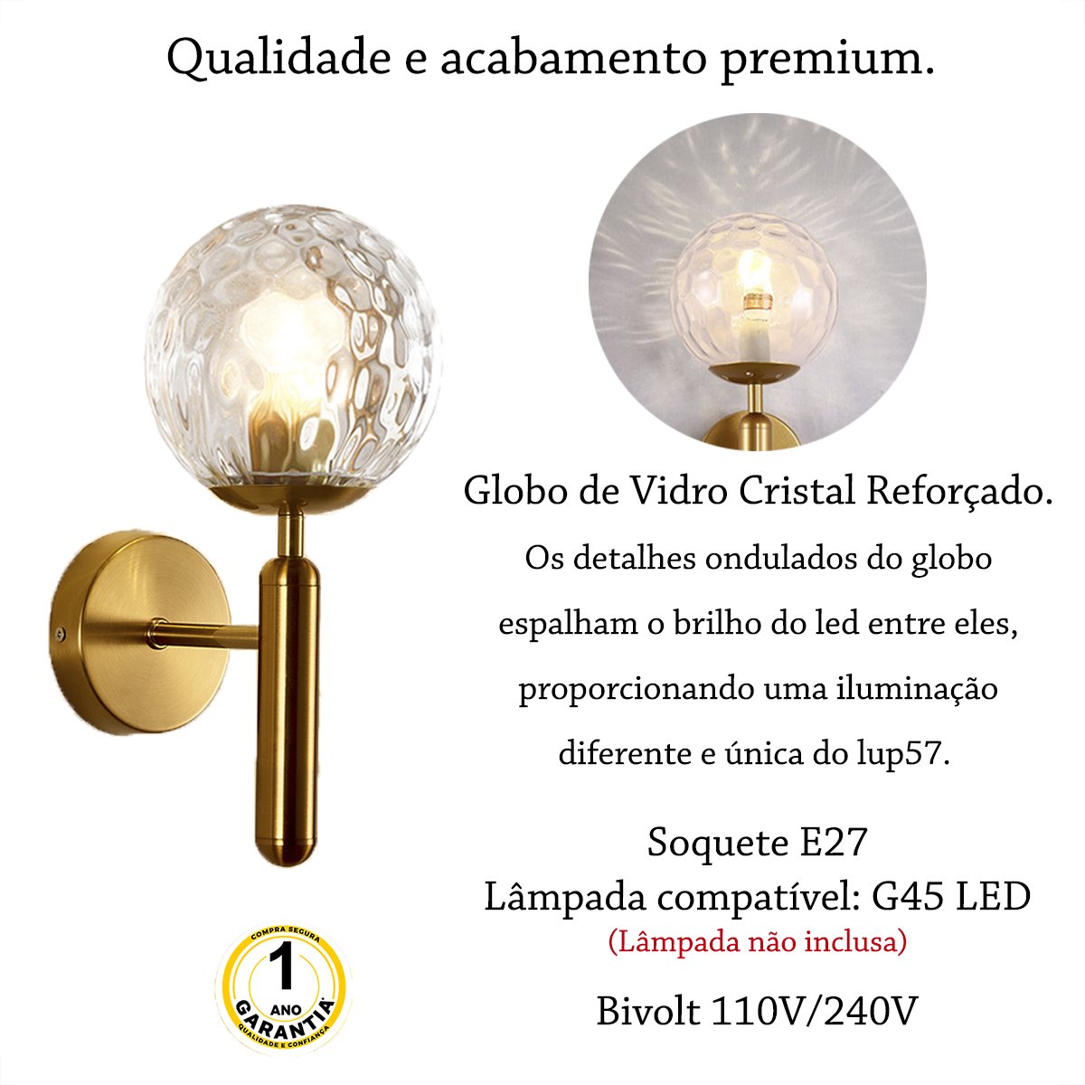 Arandela Dourada Interna Bola Vidro Ondulado Cristal Transparente Quarto Lup57 - 2