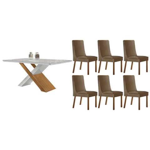 Conjunto: Mesa de Cozinha Imperatriz Tampo c/ Vidro Curvo 180cm+6 Cadeiras Dakota Madeira Naturale/