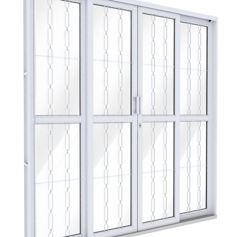 Porta de Aço de Correr Central com Grade Mosaico 4 Folhas 213x200 Riobras Aço Pronto Branco