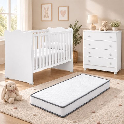 Kit Quarto de Bebê Doce Sonho com Berço para Mosquiteiro Cômoda 4 Gavetas e Colchão D18 130x60 Movel