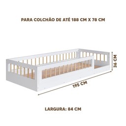 Cama Montessoriana Infantil Solteiro Com Grade De Proteção 84 x 195 cm Com Colchão Branco Suki - 4