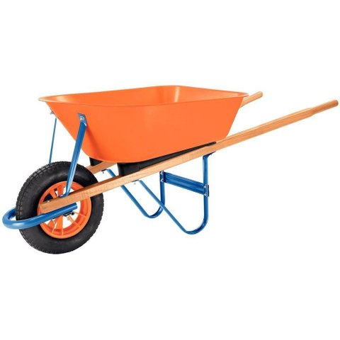 Carrinho Mão com Caçamba Funda Plástica Laranja 55 L Braço Madeira Pneu com Câma