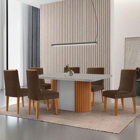 Mesa de Jantar Aspen 180cm Tampo Mdf e Vidro 6 Cadeiras Lisboa Veludo Marrom/nat/off/serig. Off