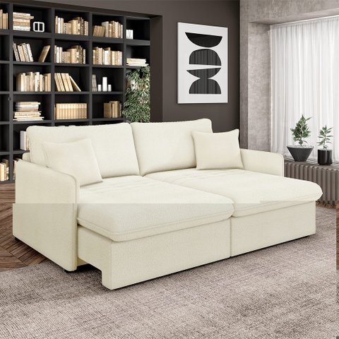 Sofá Reclinável e Retrátil Gandalf Bipartido 254cm Caixa Zero com Almofadas Bouclê Off White G33 - G