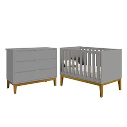 Jogo de Quarto Infantil Classic Cômoda 6 Gavetas e Berço Cinza Fosco com Pés Amadeirado - Reller Móv - 1