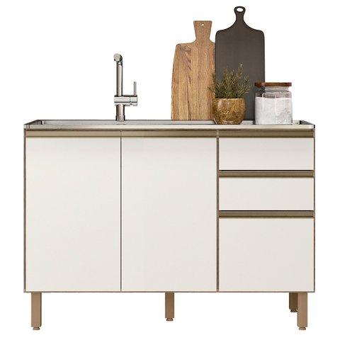 Balcão de Cozinha com Pia Inox 120cm Maly N03 Carvalho/off White - Mpozenato
