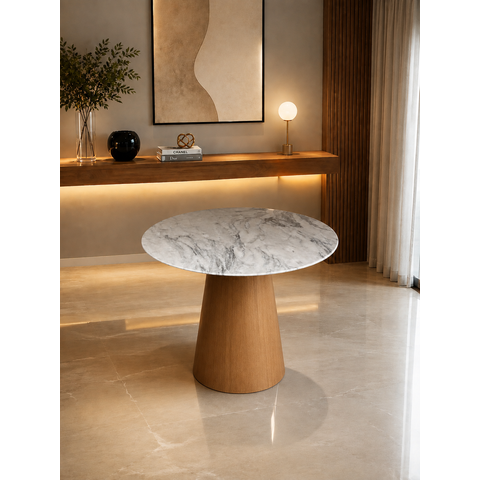 Mesa de Jantar Cone Freijó - Redonda 70cm - Mármore Espirito Santo