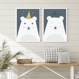 Kit 2 Quadros Infantis Menino Urso Polar Azul e Branco 45x34cm:madeira Preta - 2