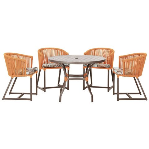 Mesa com 4 Cadeiras de Jantar Roma 100cm e Noronha em Aluminío Marrom Corda Nautica Estofado 6 Trama
