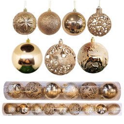 Conjunto 15 Bolas Natal Textura Rena e Folhagens Champanhe Luxo 8cm e 10cm - Master Christmas - 6