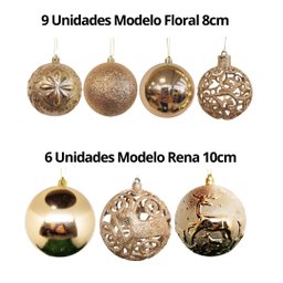 Conjunto 15 Bolas Natal Textura Rena e Folhagens Champanhe Luxo 8cm e 10cm - Master Christmas - 4