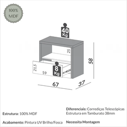 Mesa de Cabeceira Design Moderno com Gaveta Offwhite/freijó 100% Mdf 67x58x37cm - 5