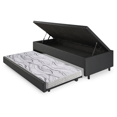 Bicama Box com Baú Solteiro Courino Linho Preto 88x188 com Colchão Auxiliar Ecoflex
