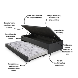 Bicama Box com Baú Solteiro Courino Linho Preto 88x188 com Colchão Auxiliar Ecoflex - 4