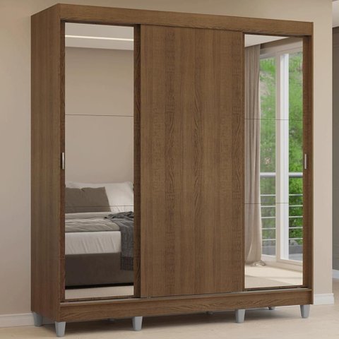 Guarda-roupa Casal com Pés 3 Portas de Correr com Espelhos Rustic Reno Madesa Rustic