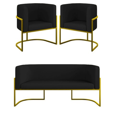 Kit Sofá 2 Lugares + 2 Poltronas Corino para Recepção Gold Cor:preto