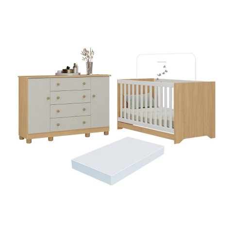 Berço Americano 3 em 1 com Colchão Incluso e Cômoda 2 Portas 4 Gavetas Allegra Multimóveis