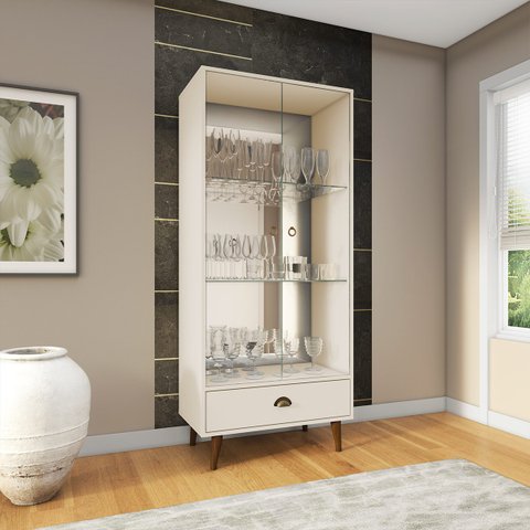 Estante Cristaleira 157 x 68cm Armário Porta Vidro Gaveta Pé Palito Sala Mdp Off White - Clicklar