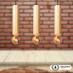 Kit 3 Luminárias Pendentes Cilindro Tubo de Madeira Maciça 1 Metro E27 Lustre Cor Natural Moderno - 4
