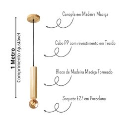 Kit 3 Luminárias Pendentes Cilindro Tubo de Madeira Maciça 1 Metro E27 Lustre Cor Natural Moderno - 2