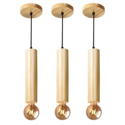 Kit 3 Luminárias Pendentes Cilindro Tubo de Madeira Maciça 1 Metro E27 Lustre Cor Natural Moderno - 1