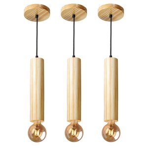 Kit 3 Luminárias Pendentes Cilindro Tubo de Madeira Maciça 1 Metro E27 Lustre Cor Natural Moderno