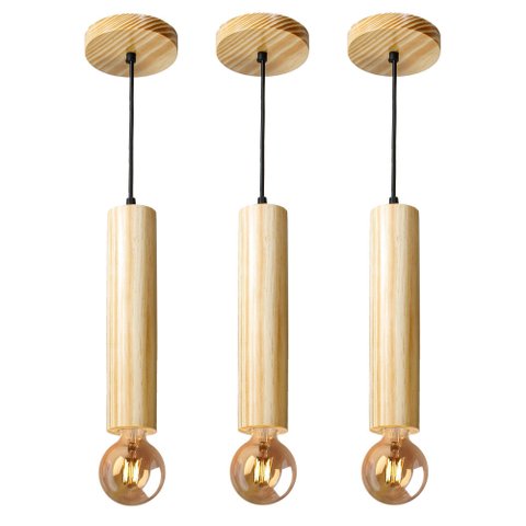 Kit 3 Luminárias Pendentes Cilindro Tubo de Madeira Maciça 1 Metro E27 Lustre Cor Natural Moderno