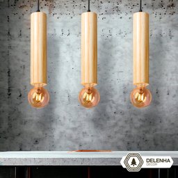 Kit 3 Luminárias Pendentes Cilindro Tubo de Madeira Maciça 1 Metro E27 Lustre Cor Natural Moderno - 7