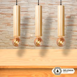 Kit 3 Luminárias Pendentes Cilindro Tubo de Madeira Maciça 1 Metro E27 Lustre Cor Natural Moderno - 5
