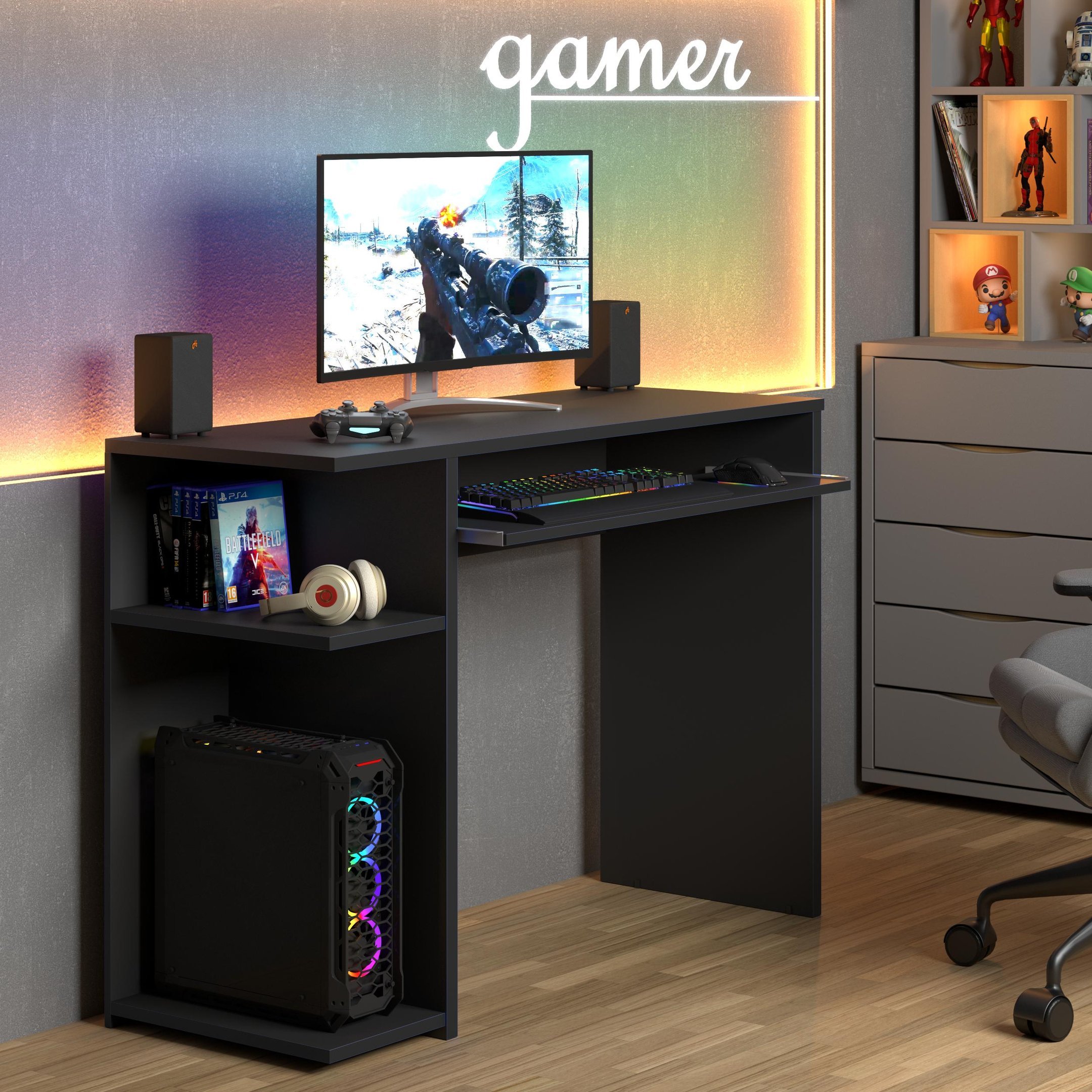 Mesa Gamer Escrivaninha para Computador com Prateleira Elevada para Cpu – Jm3 Móveis:preto