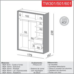 Guarda Roupa 100% Mdf Casal 1,79m com 2 Portas de Correr Tw601 Dalla Costa-freijó/off White - 2