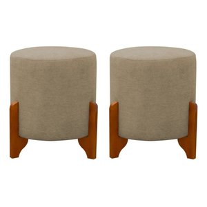 2 Puf Puff Redondo com Pés em Madeira 45x35cm Tecido Cor Palha Bege