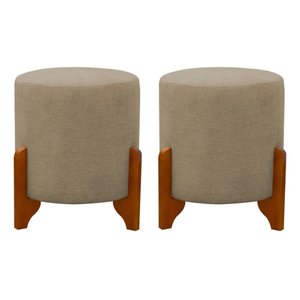 2 Puf Puff Redondo com Pés em Madeira 45x35cm Tecido Cor Palha Bege