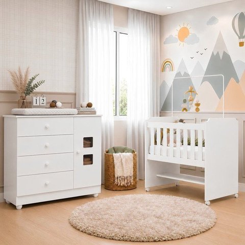 Quarto de Bebê 100% MDF com Mini Berço e Cômoda Life Branco