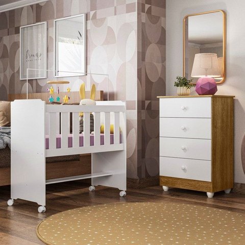 Quarto de Bebê 100% MDF com Mini Berço e Cômoda Soft Life Branco/Madeirado Ypê
