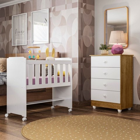 Quarto de Bebê 100% MDF com Mini Berço e Cômoda Soft Life Branco/Madeirado Ypê