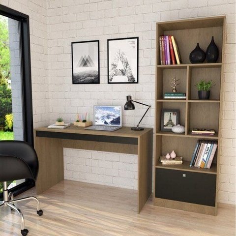 Conjunto 2 Peças com Escrivaninha e Estante Livreiro 6 Nichos 1 Porta B30 Marrom
