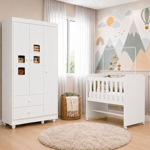Quarto de Bebê 100% MDF com Mini Berço e Roupeiro Life 3 Portas Branco
